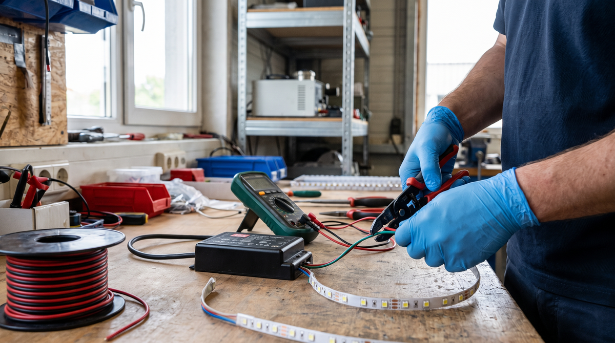 Sähköasentaja kytkemässä LED-virtalähdettä LED-nauhan johtoihin
