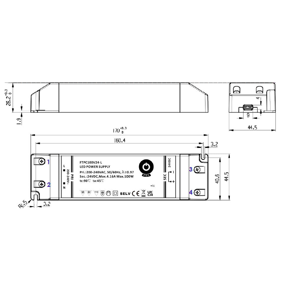 100W 12V LED-muuntaja IP20 tekniset tiedot ja mitat sähköteknisessä piirustuksessa