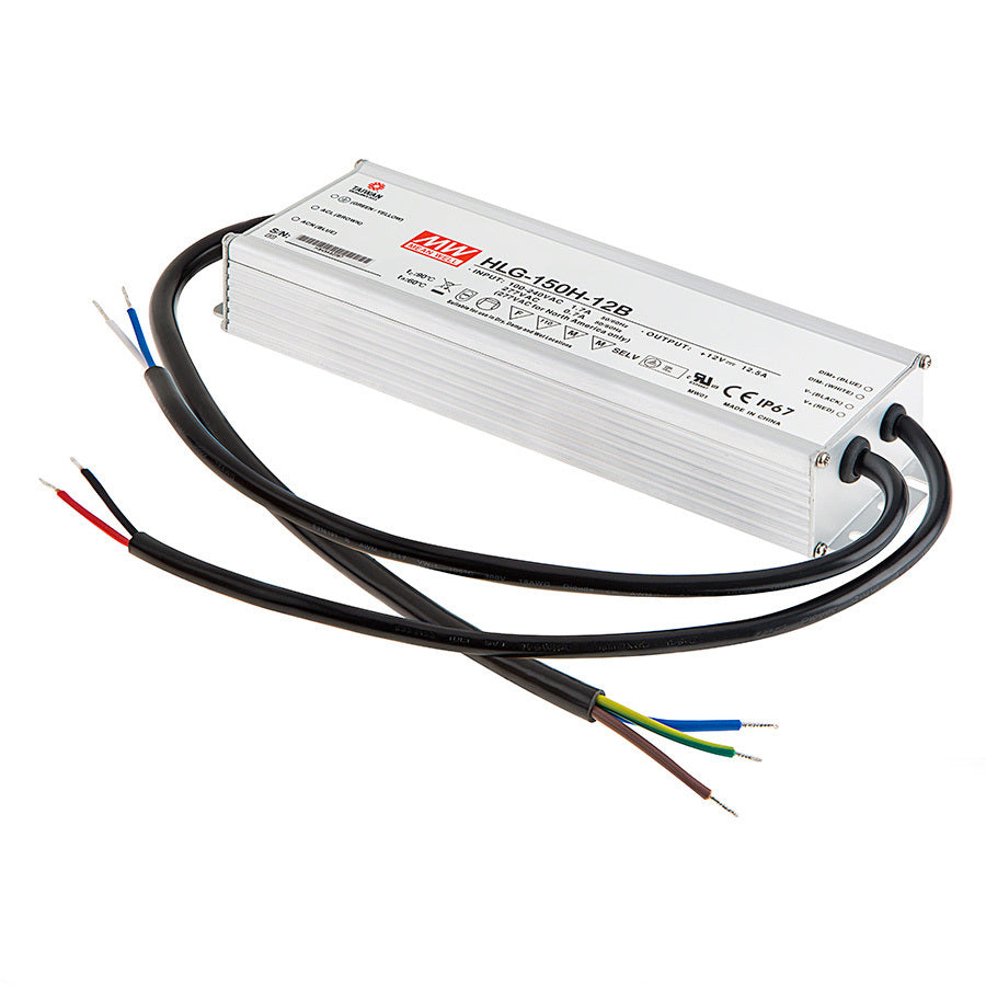 HLG-150H-12B LED-muuntaja IP 65, vakiovirtataso ja himmennettävä LED-virtalähde.