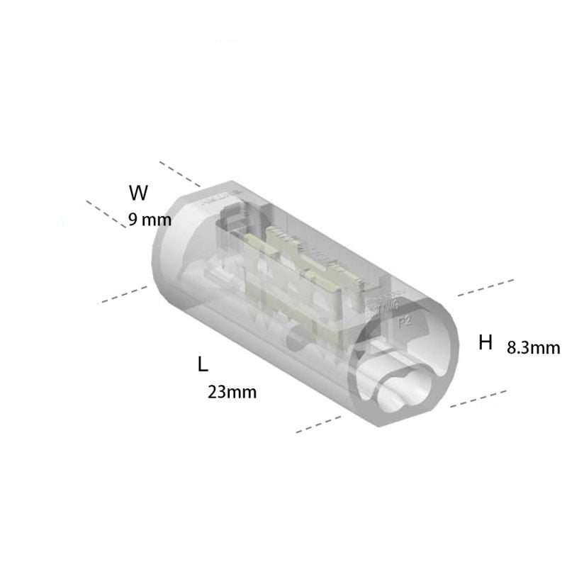 2-osainen helppo johtoliitin LED-valonauhoille max. 5A - Wire-X2 9mm x 8.3mm x 23mm dimensions diagram