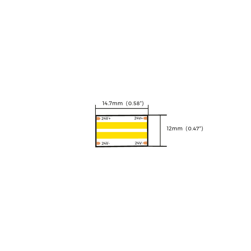COB LED-valonauha 20W 24V mitat 14.7mm x 12mm, selkeä kaavio valonauhan rakenteesta.