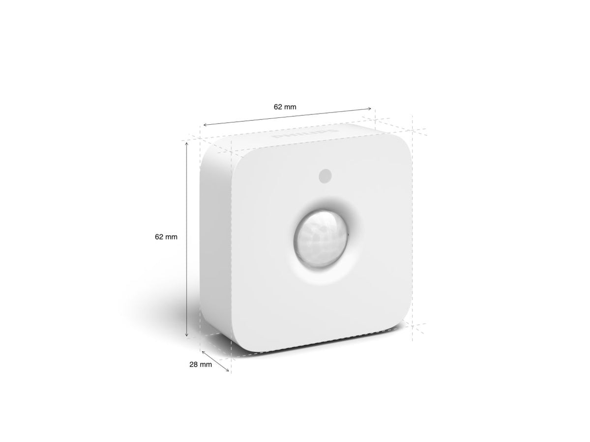 Philips Hue liiketunnistin, valkoinen liikeanturi, mitat 62 x 62 x 28 mm, automaattinen valaistusliike.