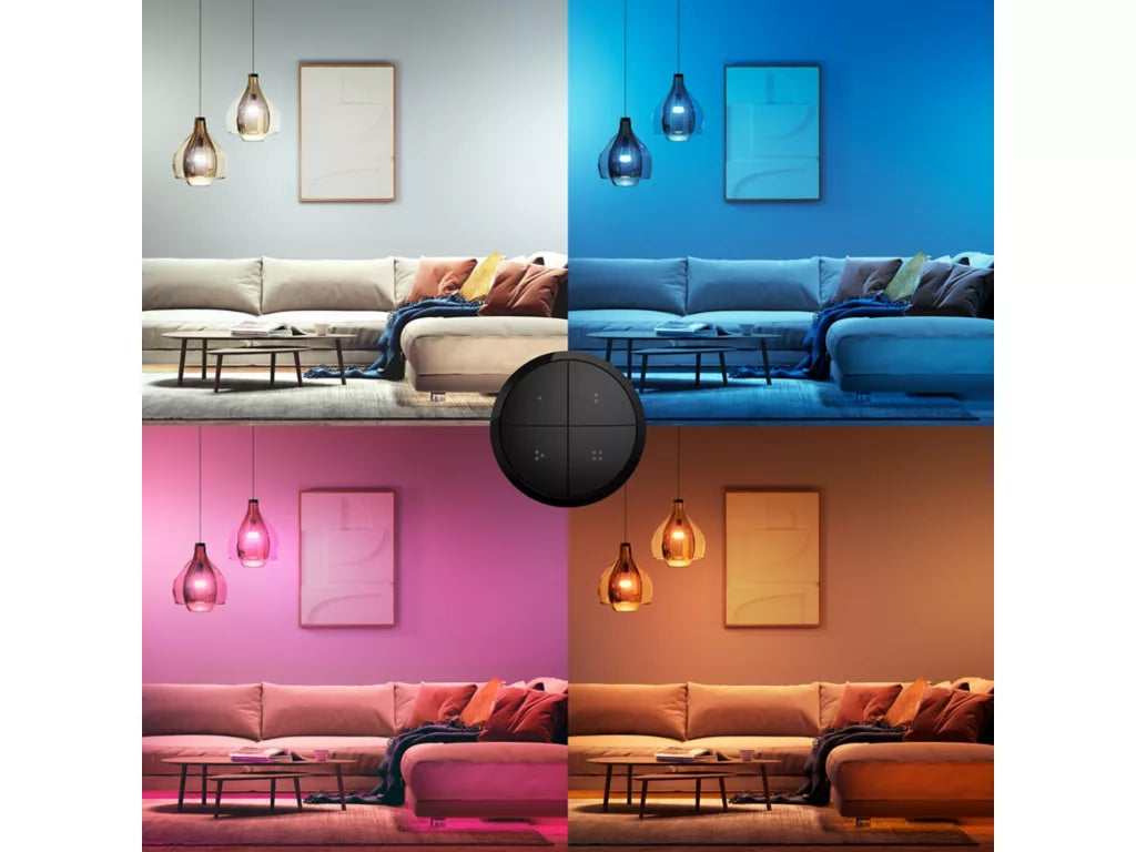 Philips Hue Tap Dial Switch controlling different lighting settings in a cozy living room.