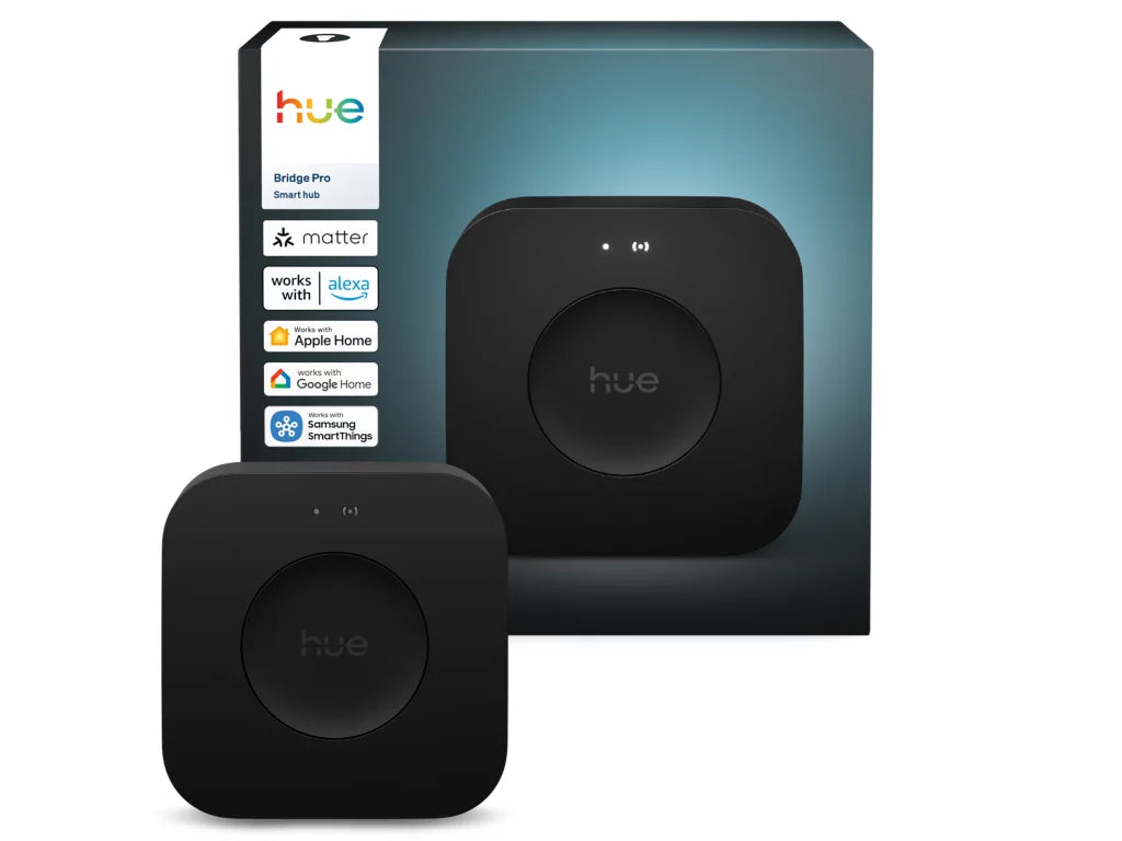Philips Hue Bridge Pro - älyvalaistuksen ohjauskeskus mustassa laatikossa.