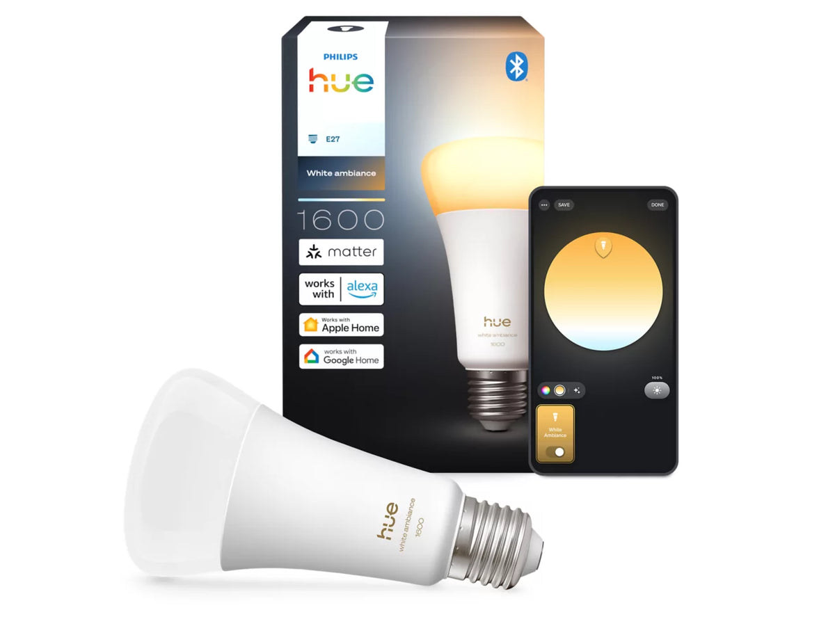 Philips Hue E27 älylamppu – White Ambiance A67, 1600 lm ja sen ohjauslaite Bluetoothilla.