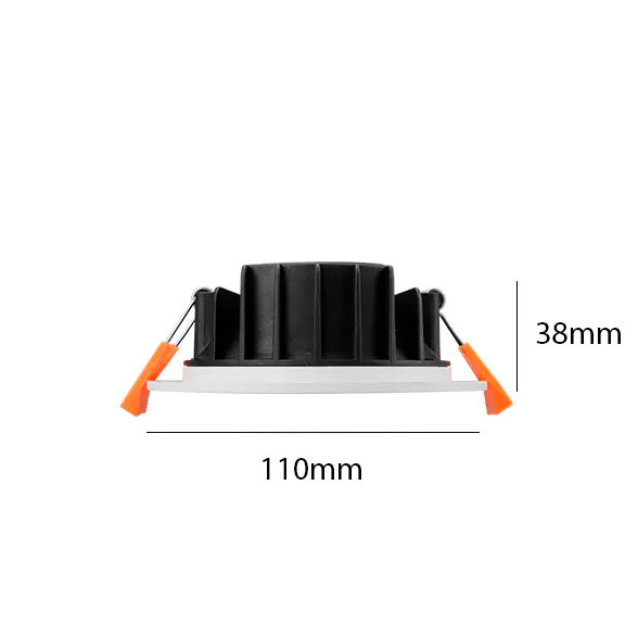 8W himmennettävä LED-alasvalo 8W asennusosa, halkaisija 110mm, korkeus 38mm, suunniteltu uppoasennettavaksi.