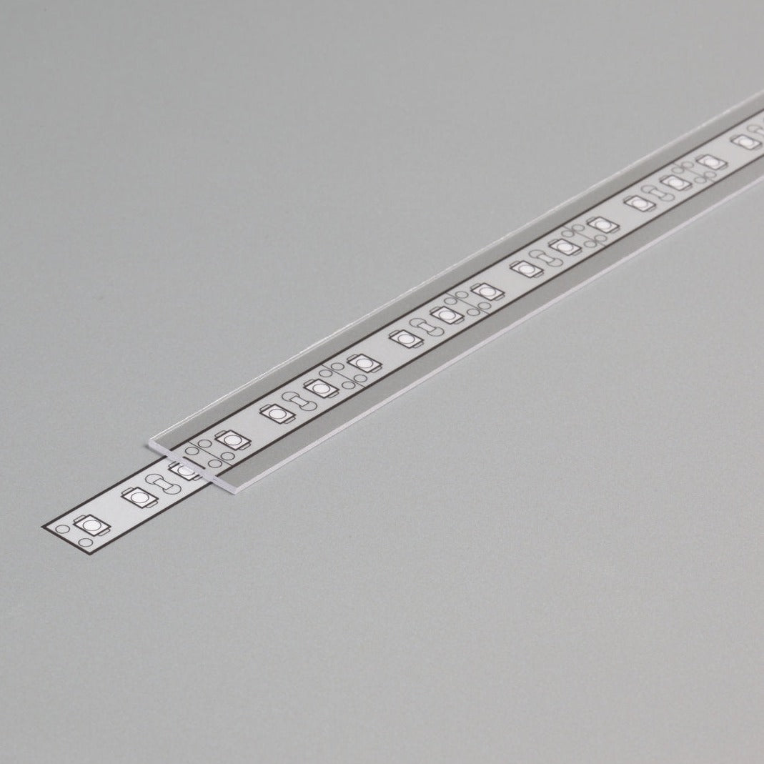 liu'utettava LED-profiili kansi, läpinäkyvä malli, pituus 2m, mitat 15,2mm x 0,8mm.