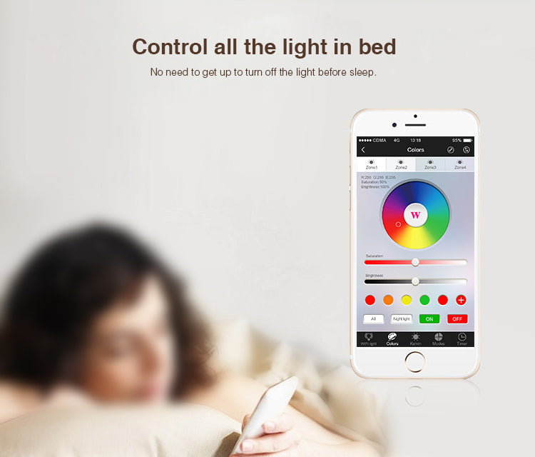 Älykäs LED-seinäsäädin RGB+CCT ohjaaminen älypuhelimella sängyssä