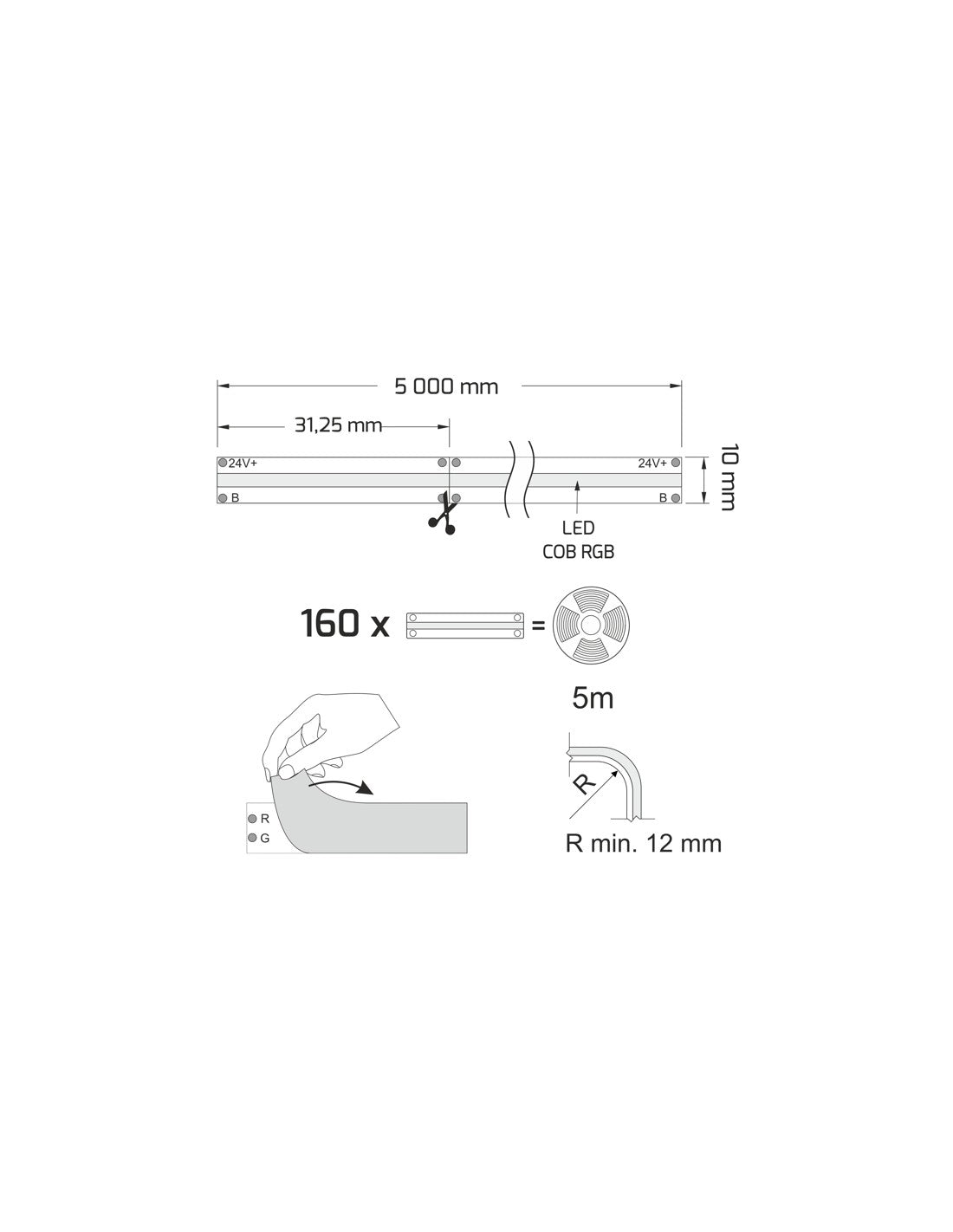 RGB LED nauha 24V 60led/m tekniset tiedot, 5m pitkä, COB RGB LED-nauhan mitat ja liitosohjeet.