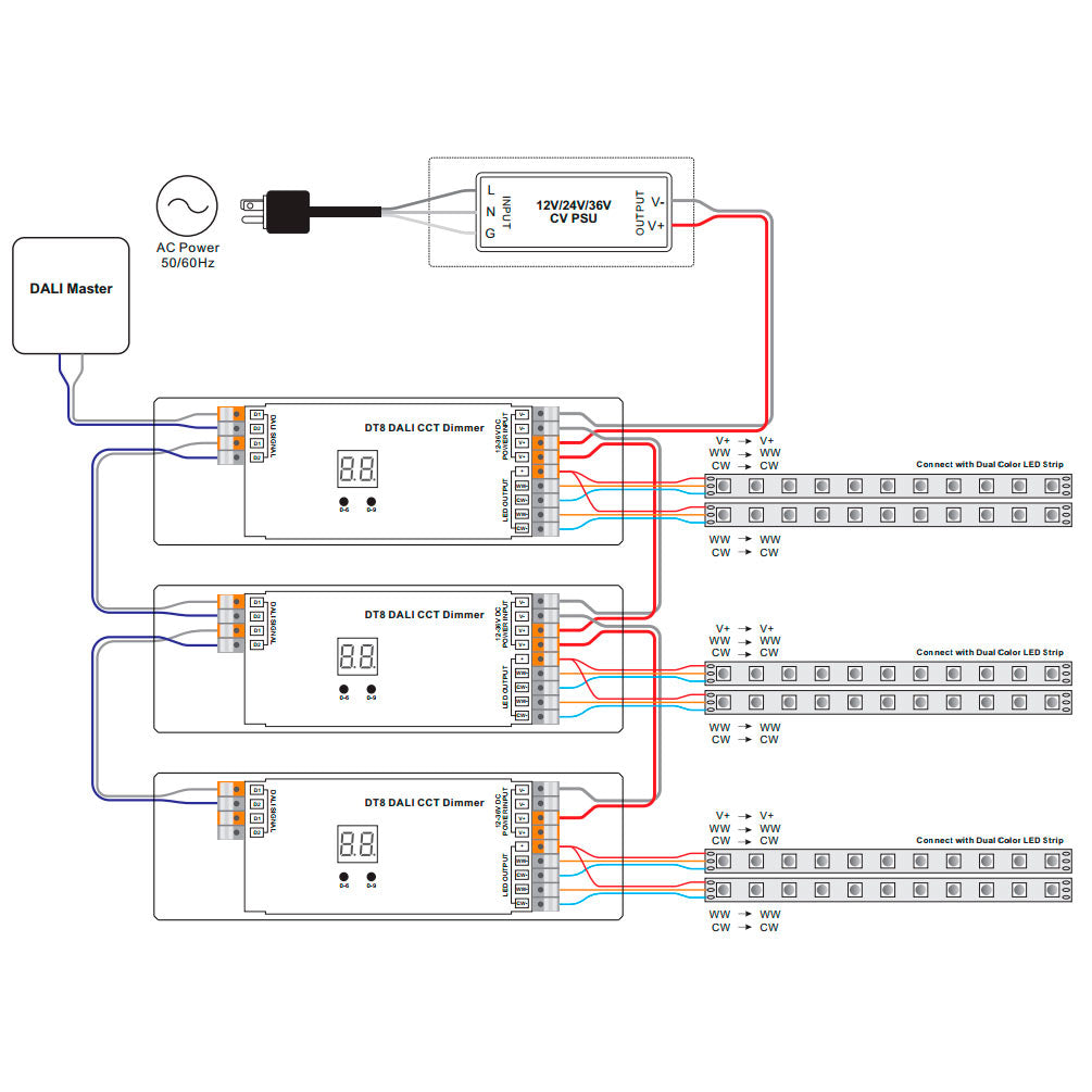 DALI DT8 CCT LED-ohjain 4-kanav. kaaviokuva DT8 himmennin ja DALI sähköliitännät.