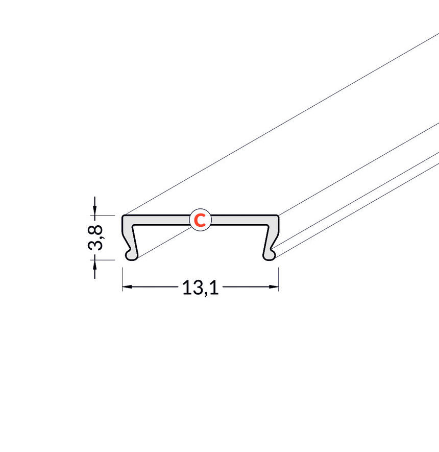 Diffuusori C, mittaukset 3,8 cm korkeus ja 13,1 cm leveys diffuusori LED-profiiliin.