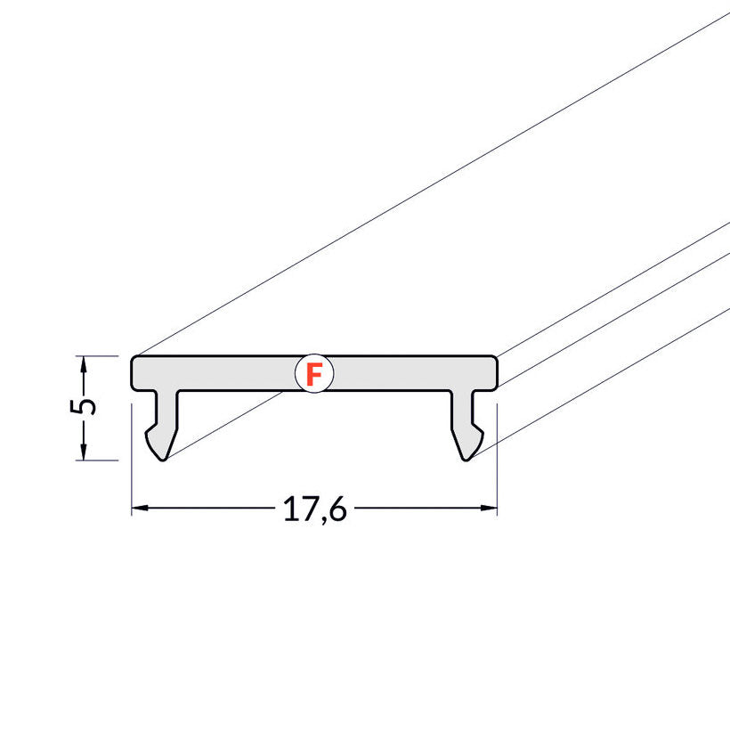 LED-profiilin diffuusori, malli F, mitat 17,6mm x 5mm, käytetään 1m Click-kannessa.