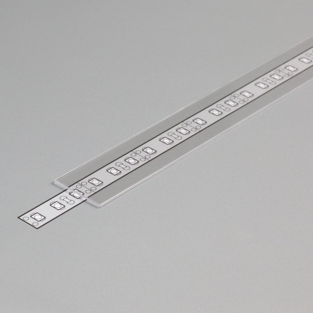 Liu'utettava kansi led-profiiliin, 2m muovinauha eri läpinäkyvyyksillä, läpinäkyvä, himmeä, opaali.