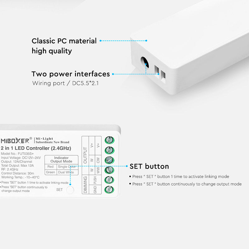 2 in 1 DIM CCT LED-vastaanotin liitännät ja ohjaimet, taustavalolla varustettu ohjauslaite