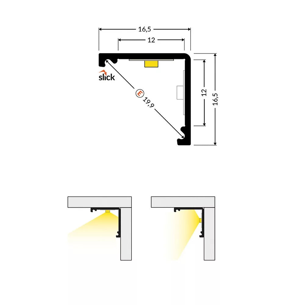 KAAPPI12 DUO LED-kulmaprofiili 2m mitat ja valaistusnäkymät