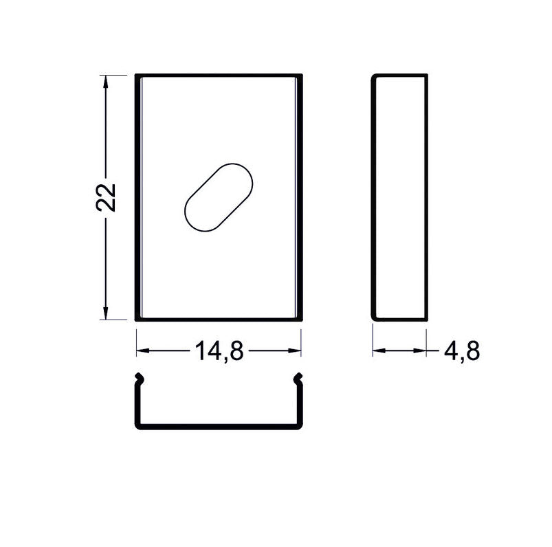 Säädettävä kiinnitysklipsi LED-profiilille mitat 14,8 x 22 mm, mukana liitosaukko.