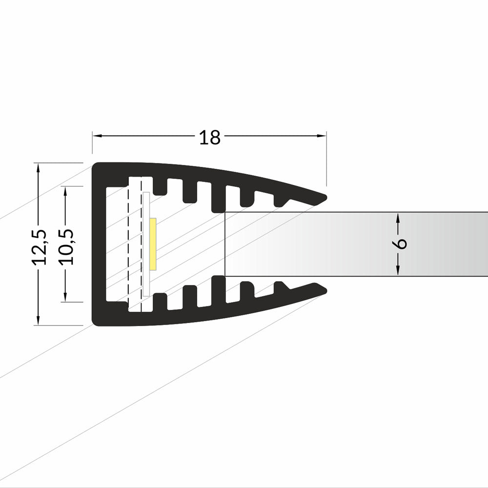 LASI10 LED-profiili lasin reunaan, mitat 18mm, käyttö lasihyllyille, vitriineille