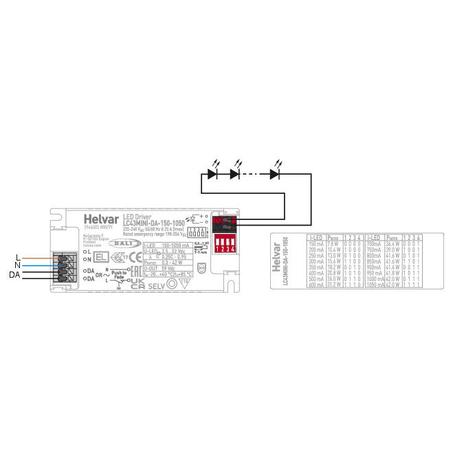 DALI-2 vakiovirtateholähde 150-1050mA kaaviokuva, HELVAR LC43MINI-DA-150-1050