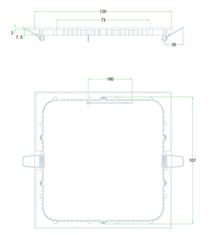 CCT-värilämpötilasäädettävä LED-paneeli 120x120mm mitat piirustuksessa, tekniset tiedot ja suunnittelukaavio.