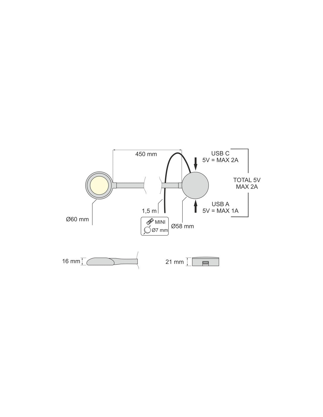 MODUS USB A+C reading light technical drawing with dimensions and USB connections.