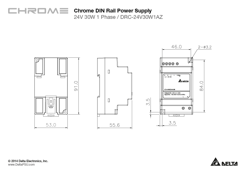 24V DIN-kisko muuntaja tekniset piirustukset, mitat ja ikonit, 30W virransyöttö.