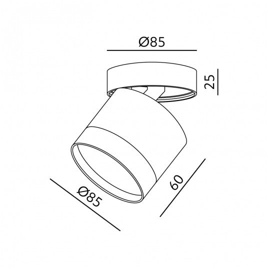Musta LED-spottivalaisin GX53, mitat: Ø85 mm, korkeus 25 mm, suunniteltu galleriavalaistukseen.