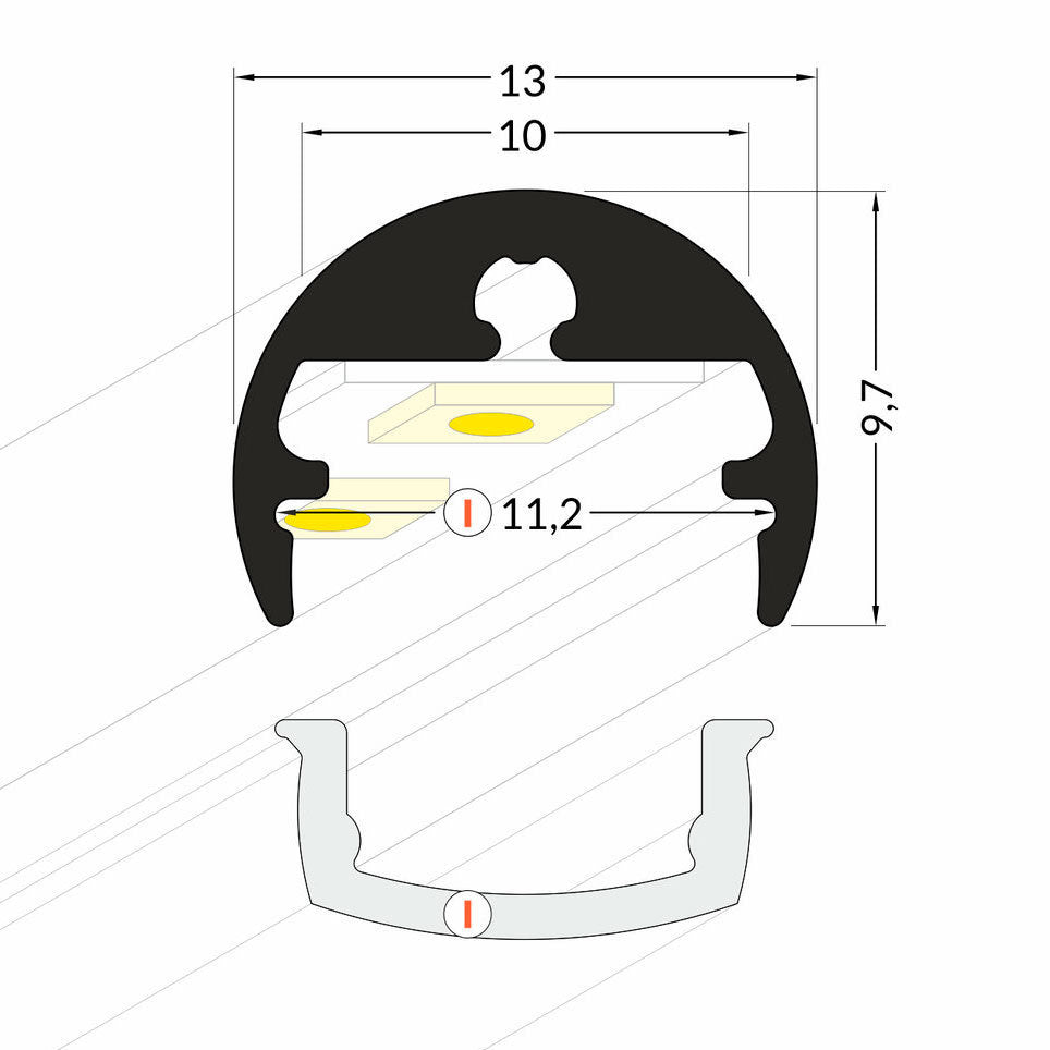 PYÖRÖ8 LED-profiili 2m, pyöreä, mitat ja rakenne, 13mm halkaisija, 11,2mm syvyys