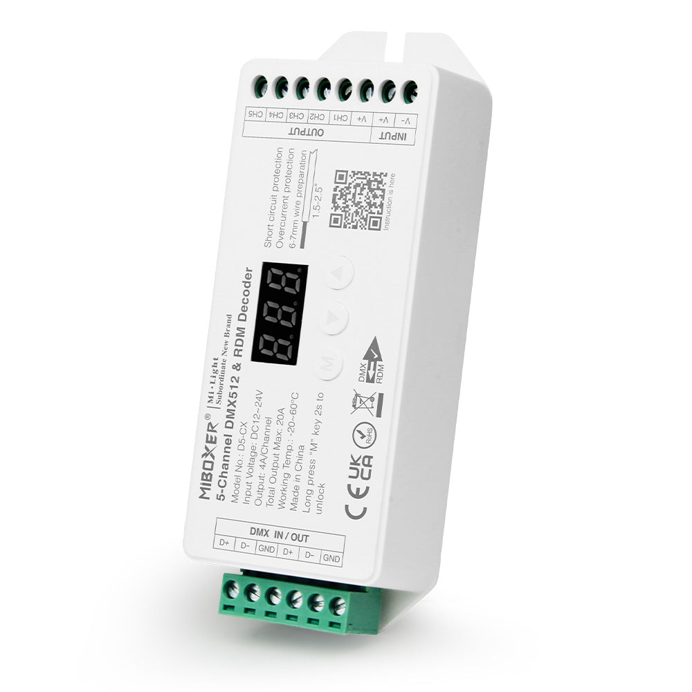 DMX-dekooderi RGB+CCT MiBoxer D5-CX, 5 kanavaa, maksimi 20A, DMX512 ja RDM, 12-24VDC.