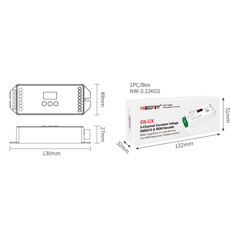 DMX-dekooderi RGB+CCT mitoituskuva MiBoxer D5-CX 5-kanavainen 12-24V DC