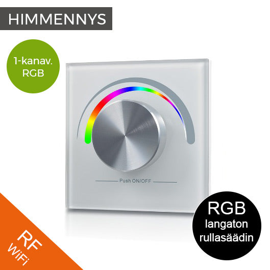 Langaton RGB LED-rullasäädin himmennin, jossa on moderni lasikehys ja säätönuppi.