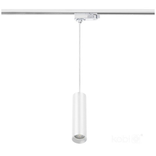 Riippuva S-LINE LED-kiskovalaisin 3-vaihekiskoon, valkoinen (GU10 polttimolle) kiinnitettynä kiskoon.