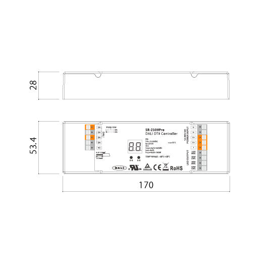 DALI DT8 PRO LED-ohjain tekniset tiedot, mitat 170x53.4x28 mm, yhteensopiva 12-36V LED-valaisimille.