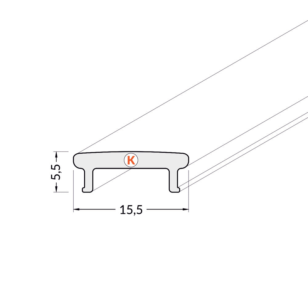 Erikoisvahva LED-diffuusori, mitat 15,5mm x 5,5mm, käytettäväksi LED-profiileissa.
