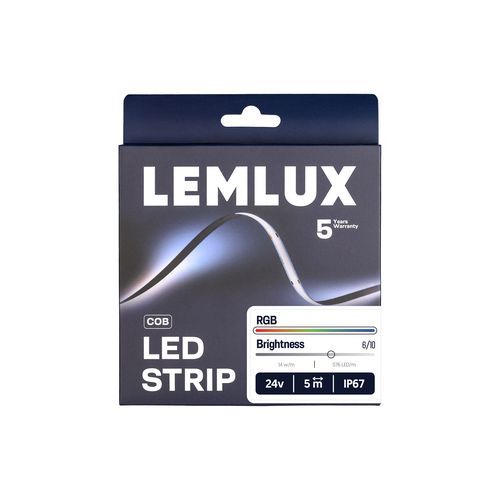 LEMLUX COB RGB LED-nauha 5m IP67 pakkauksen kuva, 24V, erinomainen värivalaistus, 576 LEDiä/metri.