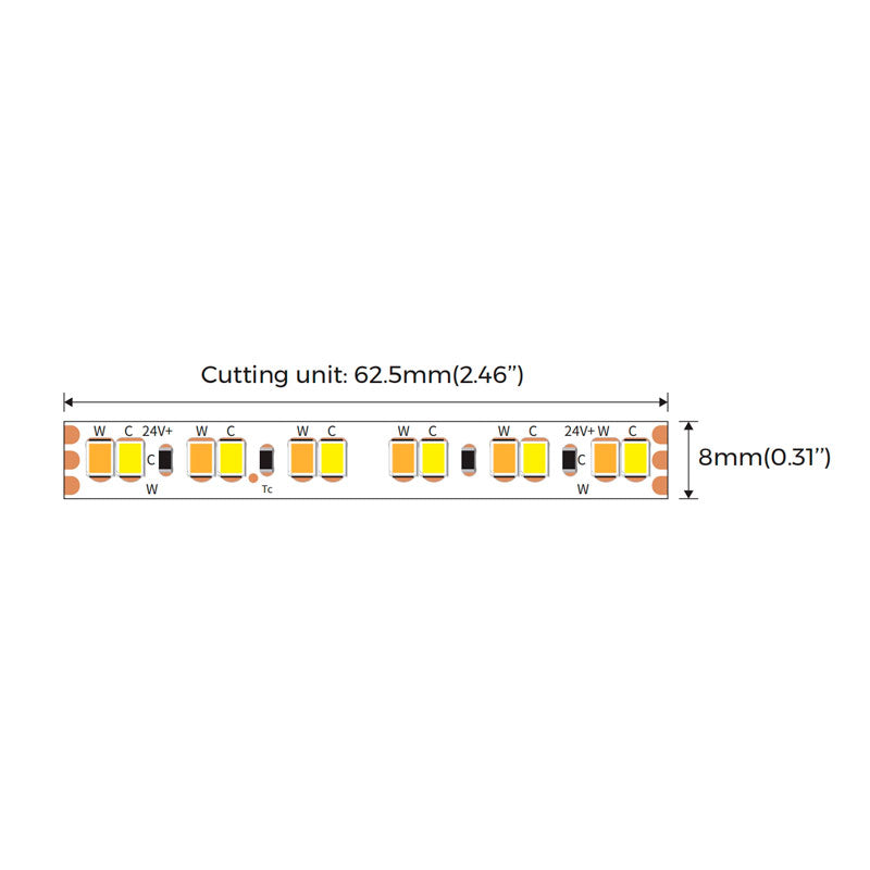 CCT värilämpötilasäädettävä LED-nauha 24V leikkausyksikkö 62,5 mm, 8 mm leveä