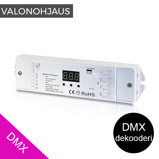 DMX-dekooderi 12-36VDC automaattiohjelmilla, DMX512 yhteensopiva, 3/4 kanavaa, laadukas laite, automaattiohjelmat