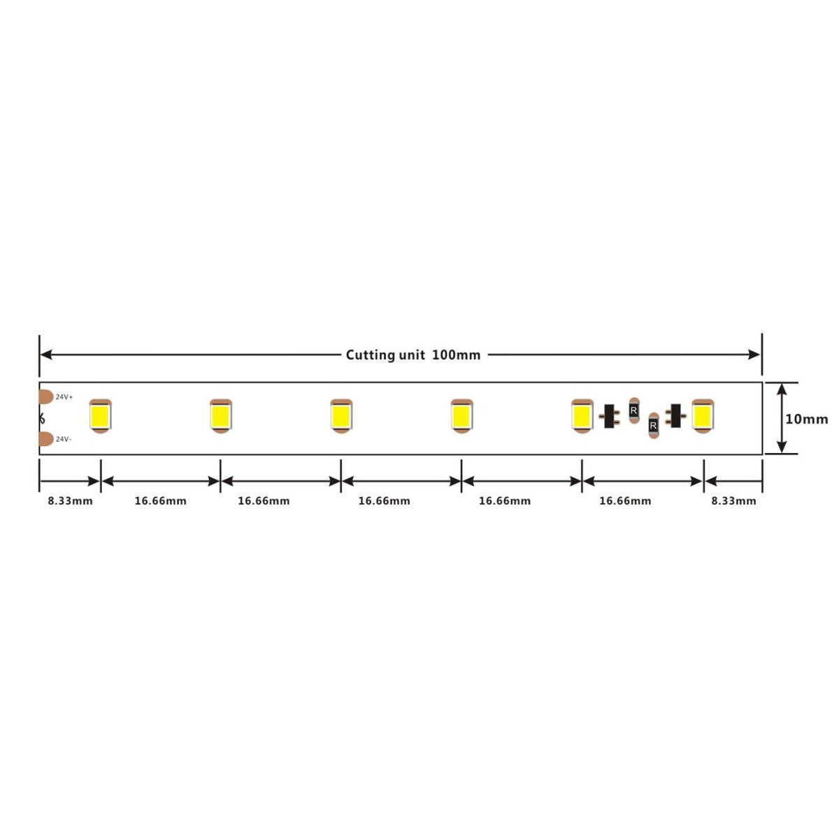 Vesitiivis IP67 LED-valonauha, leikkausyksikkö 100mm, 10mm leveä, mitat ja sijoittelu LEDit.