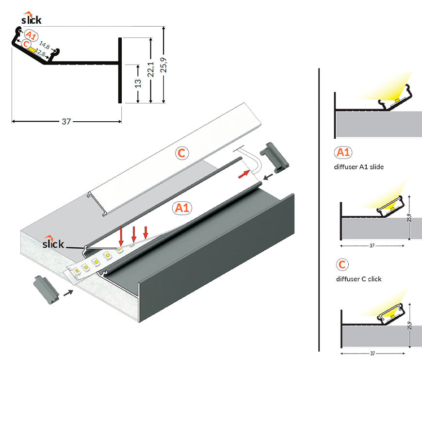 HOHDE12 LED-profiili alaslaskettuun kattoon - tekninen piirros ja komponenttien asennusohjeet