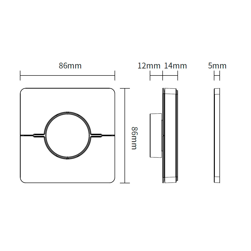 Langaton LED-seinäsäädin mittapiirustus, mitat 86mm x 86mm, 12mm, 14mm ja 5mm.