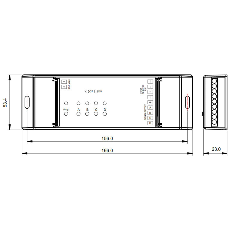 KNX himmennin yksivärisille LED-valoille, 4 kanavaa, 5A, mitat 156 x 53.4 x 23 mm.