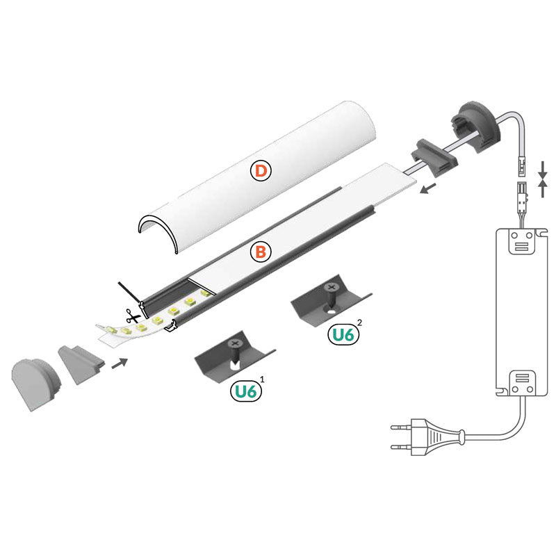 KOLMIO10 LED-profiili 2m asennusohjeet ja komponentit kaaviossa, mukaan lukien LED-alumiinilista ja tarvikkeet.