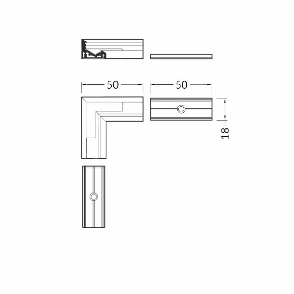 URA10 LED-kulmapala 90° kulmapalan mitat: 50mm x 50mm x 18mm, tekninen kuvaus.