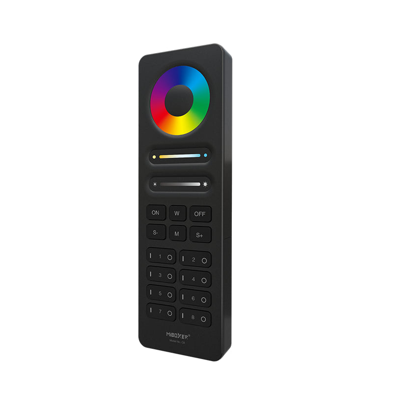 RGB LED kaukosäädin 8-kanav musta C8, väripyörällä ja himmennystoiminnoilla varustettu.