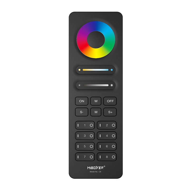 RGB LED kaukosäädin 8-kanav musta C8, jossa väripyörä ja liukukytkimet himmennykseen.