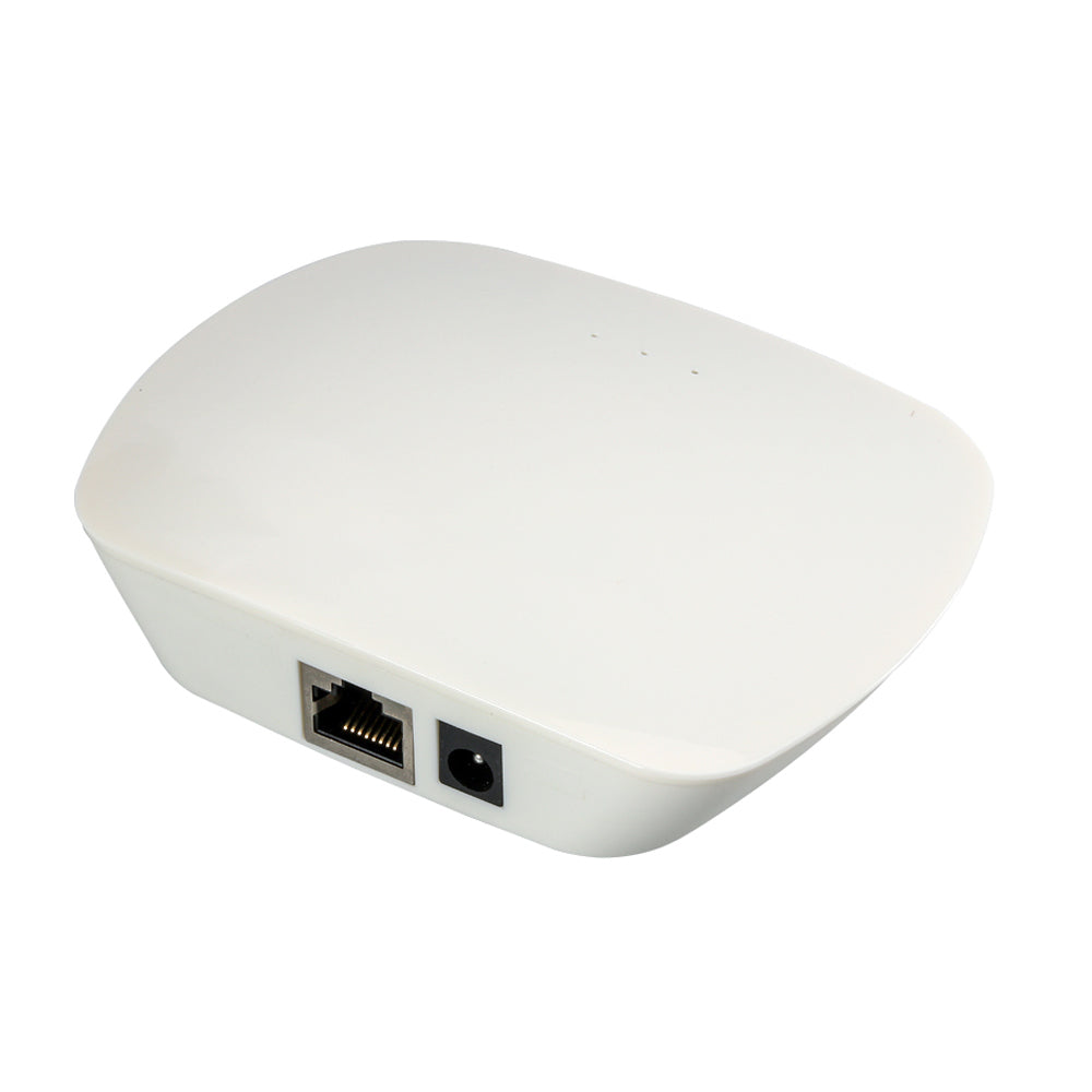 WiFi RF muunnin älypuhelimen ohjaukseen - pieni, valkoinen konvertteri, taustakuvassa.
