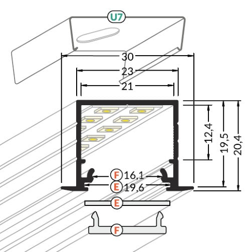 LINJA-UPPO20 LED-profiili 2m mittapiirros, LED-alumiinilista uppoasennukseen rakennettavaksi.