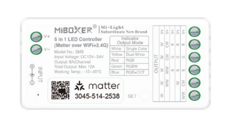 MiBoxer SM5 LED-ohjain RGBW ja CCT nauhoille, 5-in-1 LED-ohjain, monipuoliset käytettävät tilat.