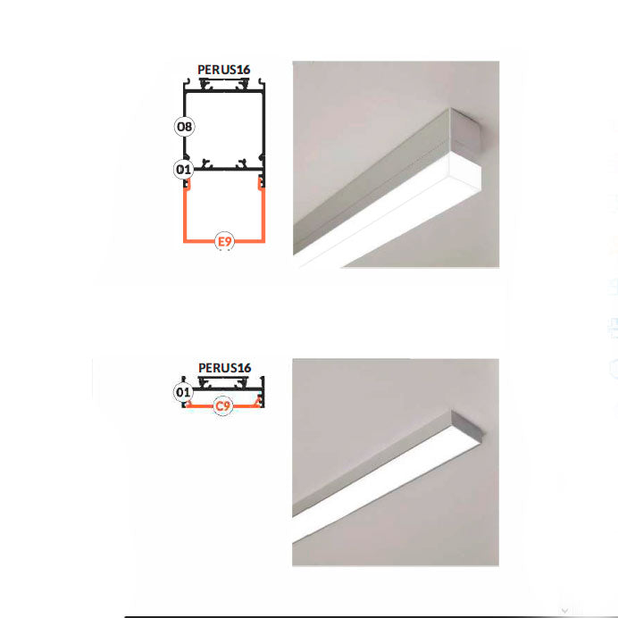 ISO pinta-asennettava LED-profiili, PERUS16-malli, esitys mahdollisista asennustavoista.