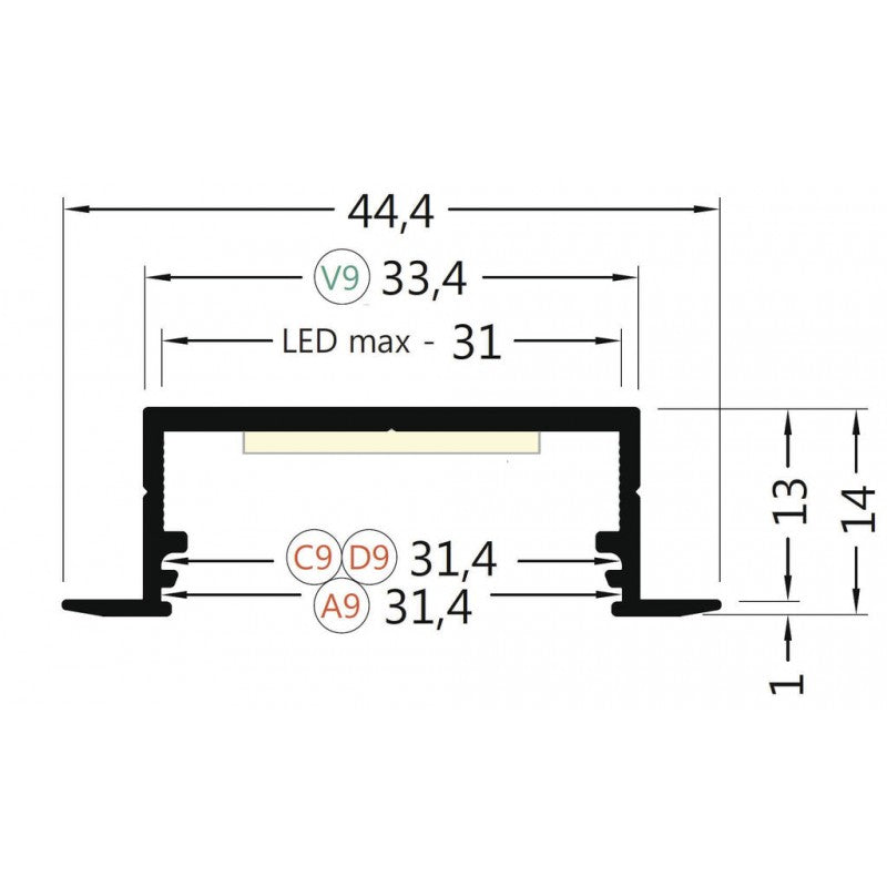 MONI30-06 uppoasennettava LED-profiili mitat: 44,4 mm leveys, 33,4 mm korkeus, LED max 31 mm.