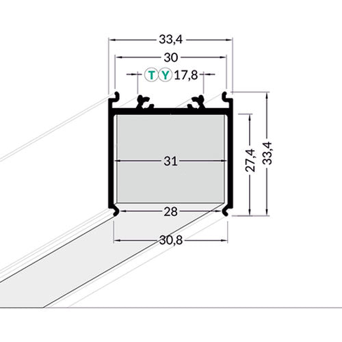 MONI30 ISO muuntajakotelo mittakaavakuva, joka näyttää profiilin mitat 33,4mm x 30mm.